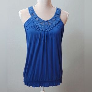 Y2k Willi Smith Cobalt Blue Tank Top Crochet Womans Medium Stretch Ruffle